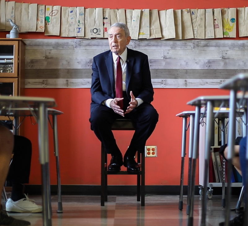 Dan Rather speaks to a class at Heights High School in Houston, Texas