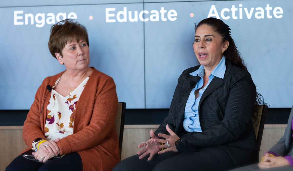 Dala Henry and Claudia Ureño-Olivas serve as discussion panelists at the Measure What Matters Conference held at the Holdsworth Center.