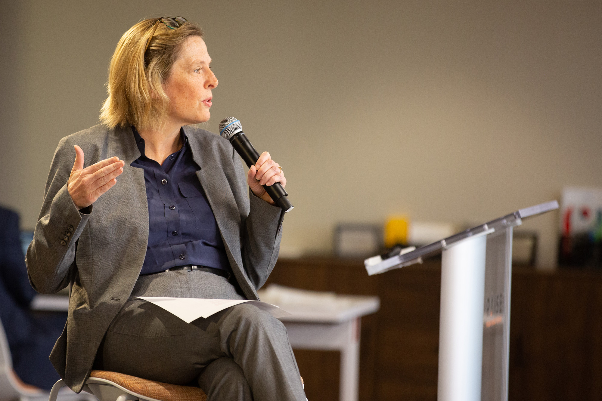 Dr. Amanda Brownson from the Texas Association of School Business Officers speaks during the Across the Lawn: Funding Texas Public Schools event on September 29 at Raise Your Hand Texas.