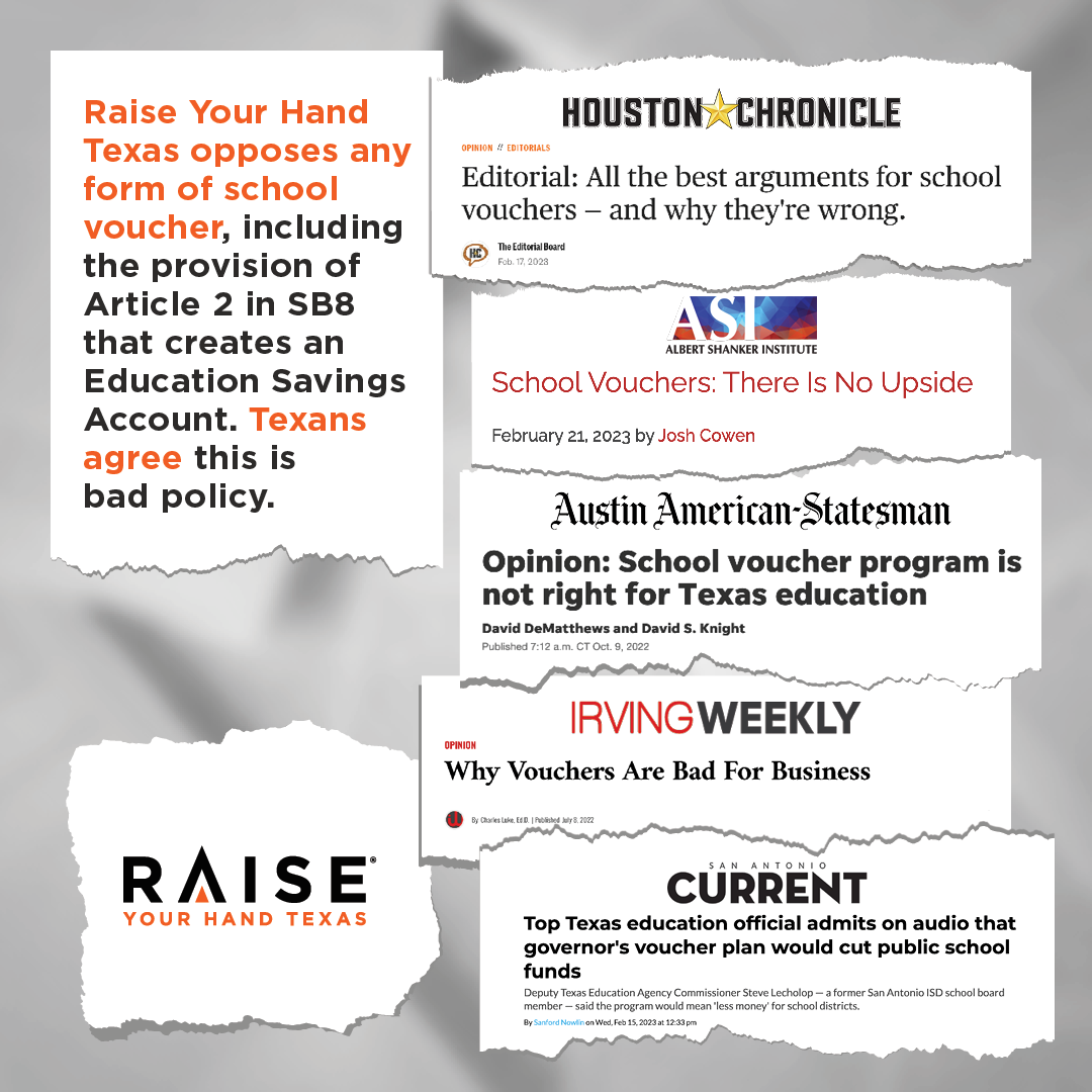 Ripped newspaper headlines about why schools vouchers are bad policy for Texas.