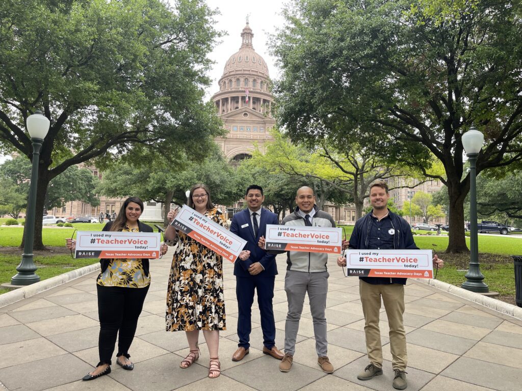 Texas public education advocates standing in front of the Texas state capitol building