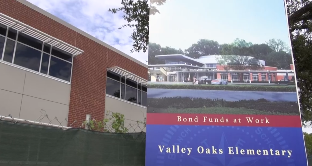 Bond Funds at Work sign in front of Valley Oaks Elementary in Spring Branch ISD.